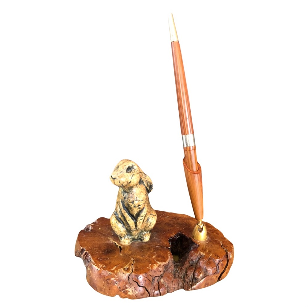 Vtg Wood Bunny Rabbit Office Desk Pen Holder Easter Boss Business professional